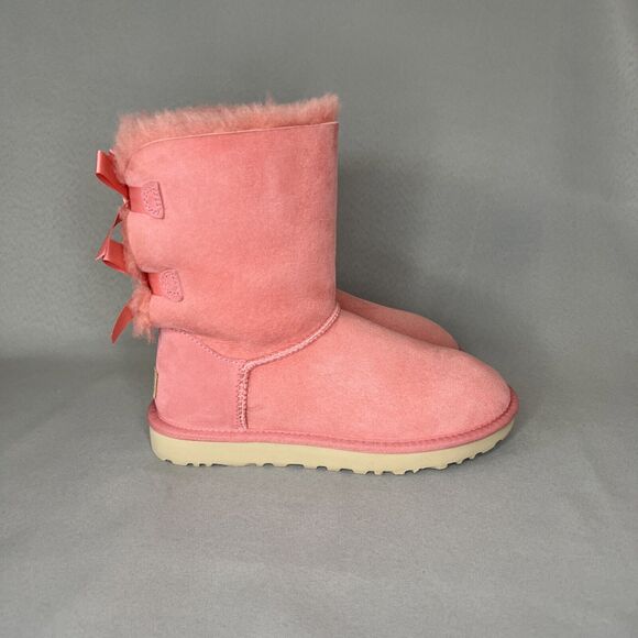 Women's Ugg Boots Size 7 Pink Bailey Bow Suede Wool Coquette Sold Out 1016225 - Picture 8 of 14